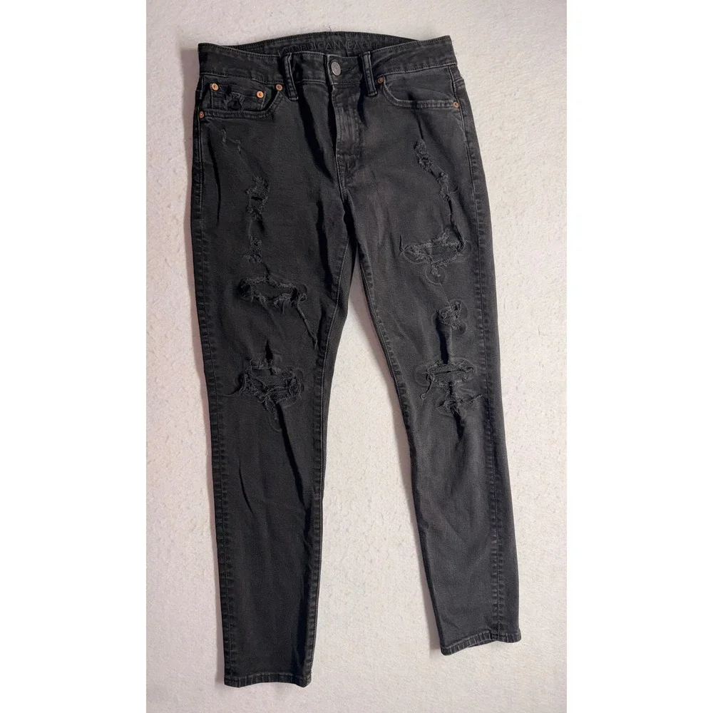 American Eagle Airflex+ Skinny Distressed Black Jeans Mens 30x30 Shredded Denim
